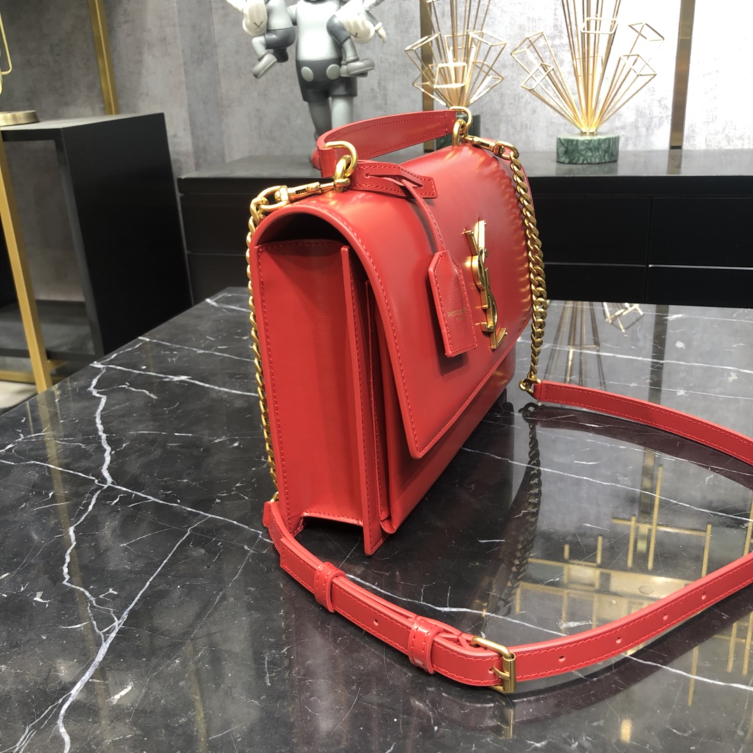 Saint Laurent Sunset Top Handle Smooth Calfskin Handbag Shoulder Bag Red 634723 Gold